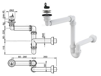Cифон для умывальника экономящий пространство D63, Alcaplast