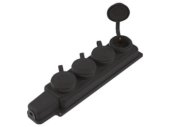 Розетка 4-ая переносная (с/з, 16А, 250В, брызг. защ.) каучук, черная Юпитер