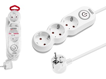 Удлинитель 3м (3 роз., 2,2кВт, с/з, выкл, ПВС 3х0,75) LEIDEN ELECTRIC
