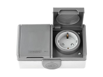 Розетка 2-ая (открытая, с/з, струезащ.) серая, Пралеска Аква, Bylectrica