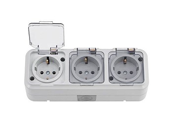 Розетка 3-ая (открытая, с/з, брызг. защ.) серая, Пралеска Аква, Bylectrica