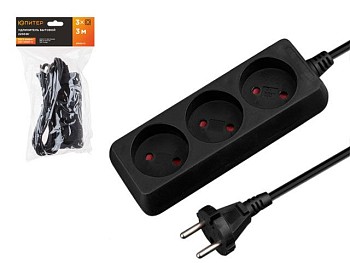 Удлинитель 3м (3 роз., 2,2кВт, б/з, ПВС 2х0,75) черный, Юпитер